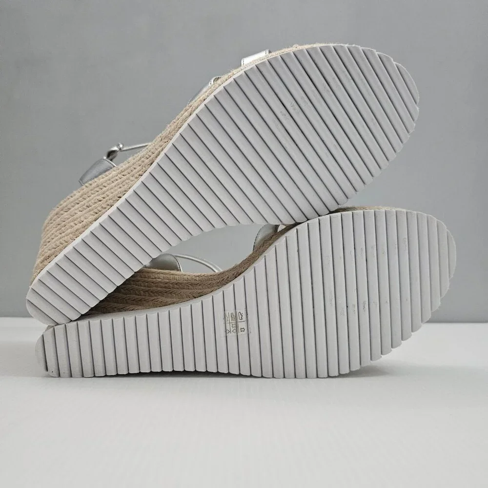 Stuart Weitzman Catalina Espadrille Wedge Sandal Size 10 Silver Leather Platform - Picture 13 of 16